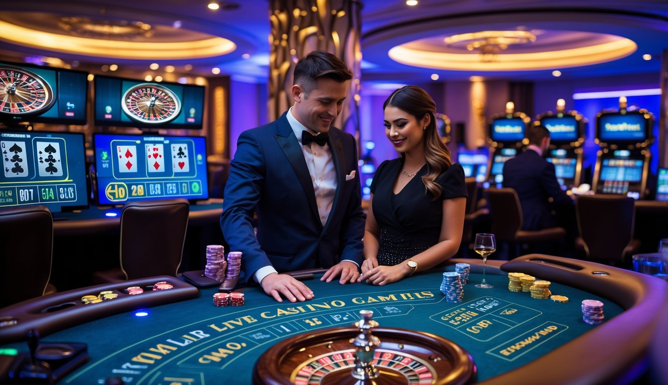Seorang dealer profesional sedang melayani pemain di meja judi live casino dengan suasana kasino modern dan elegan.