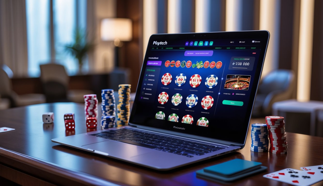 Suasana ruang modern dengan komputer menampilkan permainan kasino online Playtech dan perlengkapan kasino seperti kartu dan chip di atas meja kayu.
