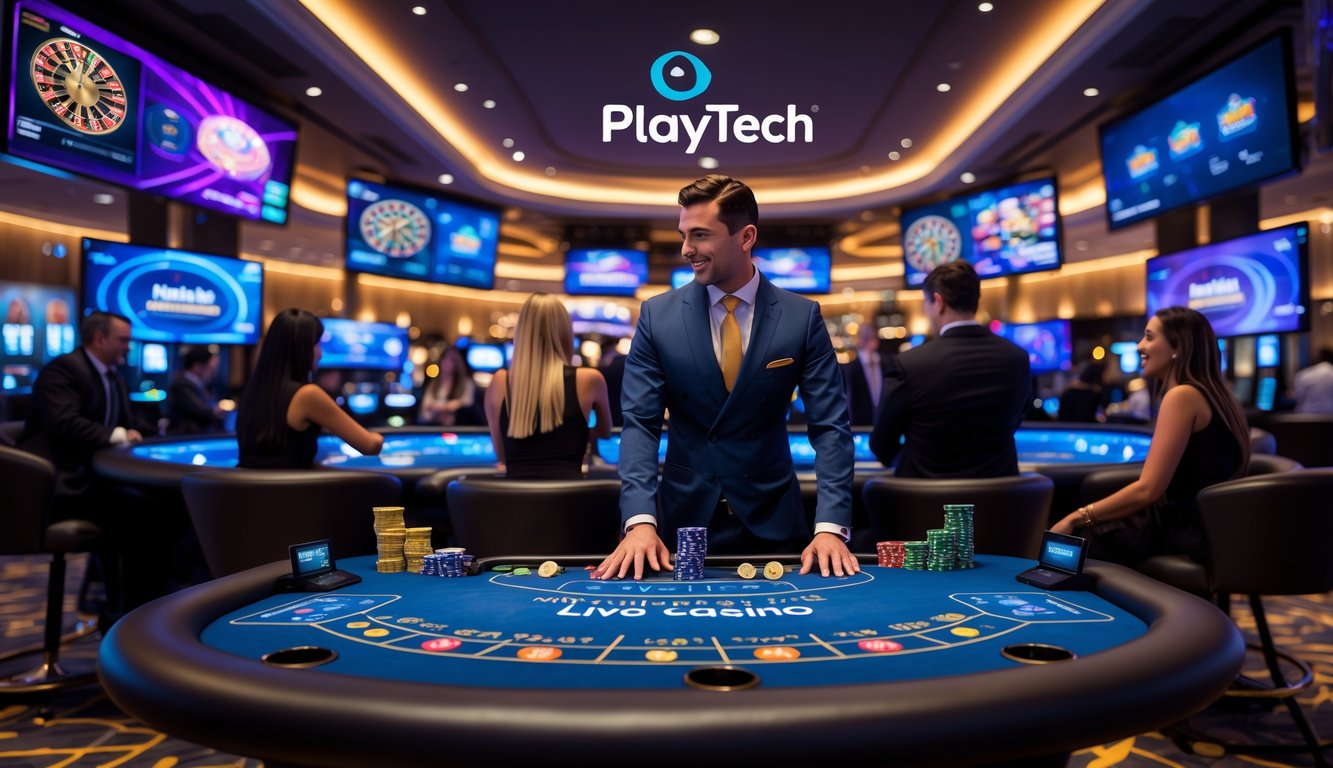 Suasana kasino langsung dengan dealer profesional dan pemain yang menikmati permainan di meja kasino modern.