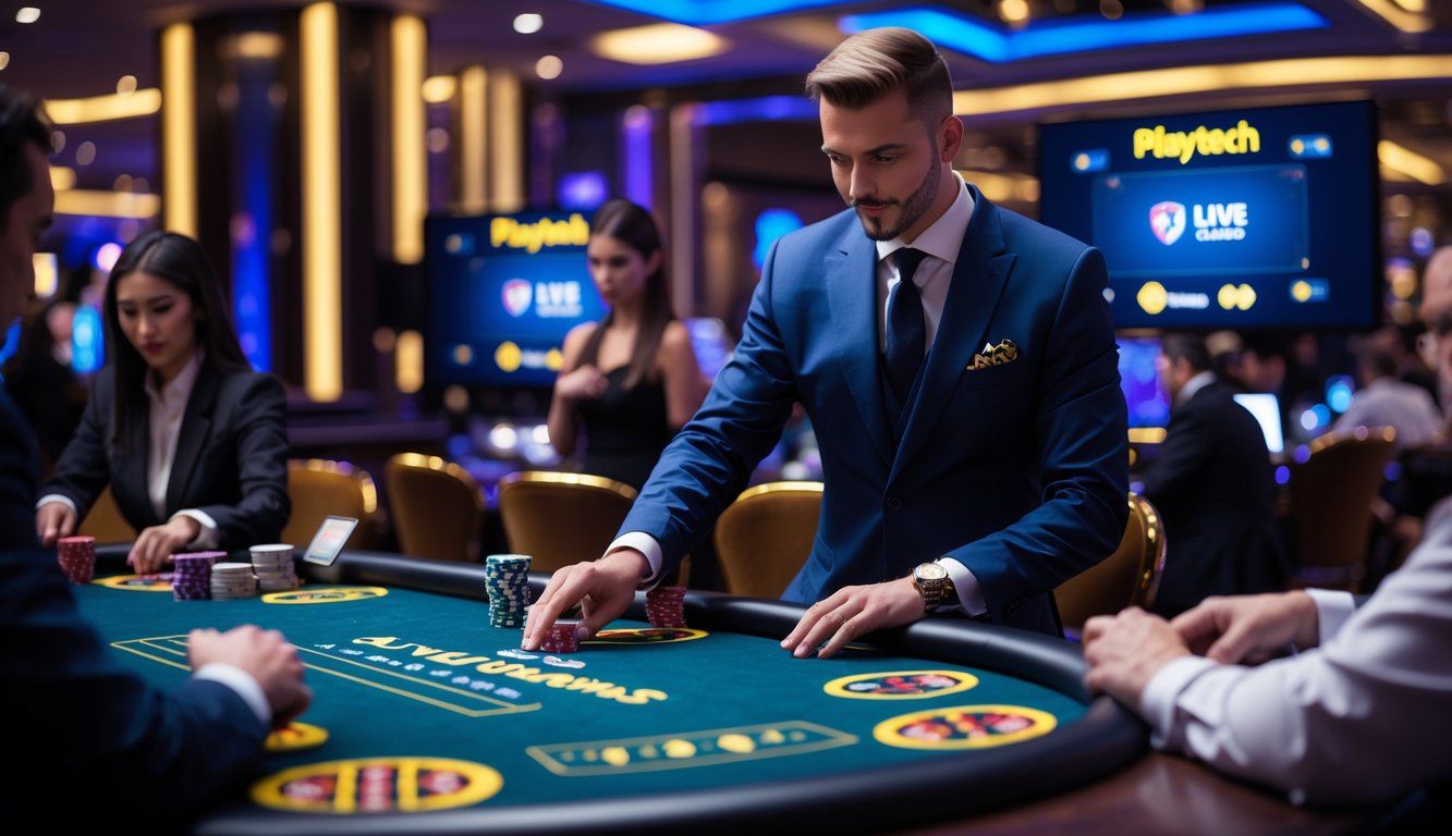 Seorang dealer kasino profesional sedang membagikan kartu di meja kasino dengan pemain yang fokus bermain dalam suasana kasino langsung.