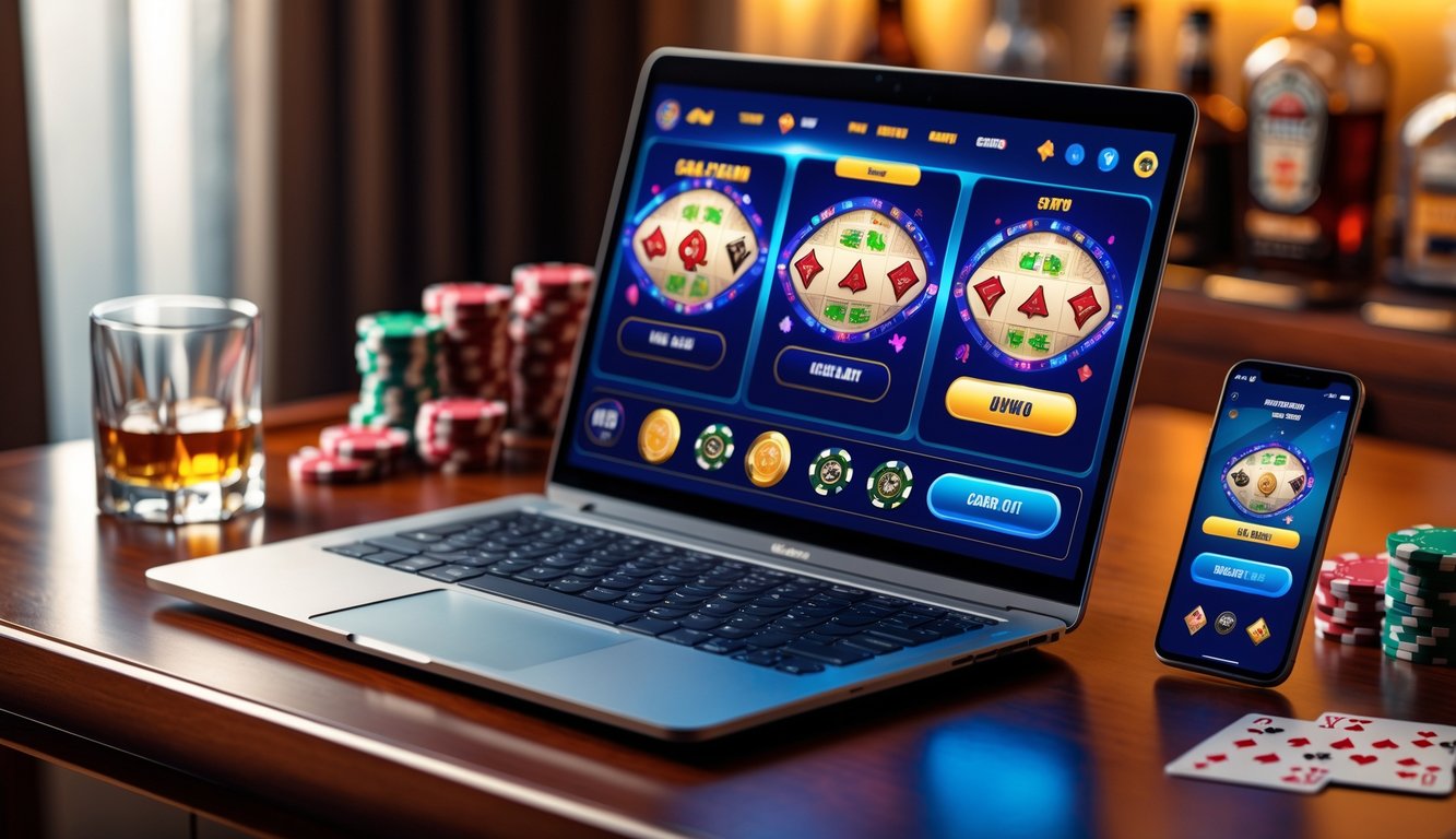 Seorang pengguna sedang bermain permainan kasino online di laptop dan ponsel di atas meja dengan chip poker dan kartu remi di sekitarnya.