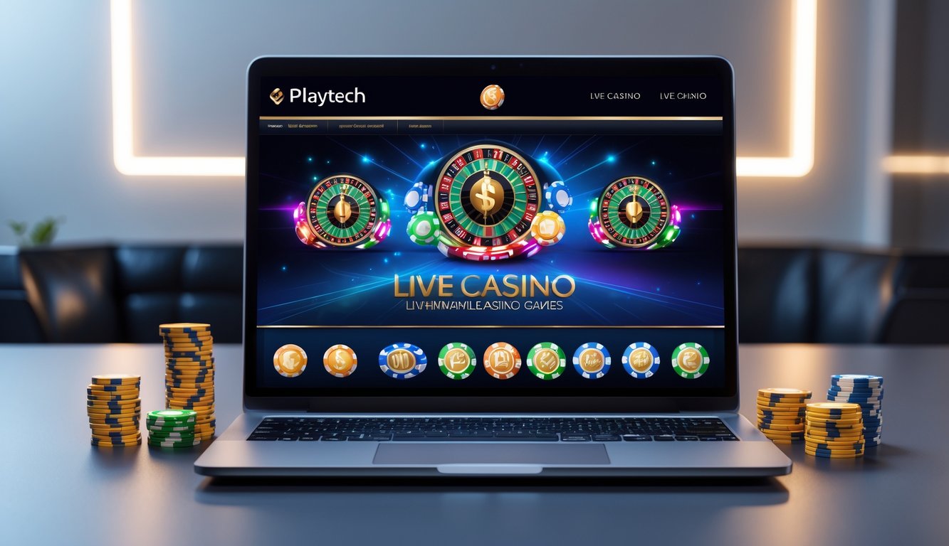 Suasana kasino online dengan layar komputer menampilkan permainan dealer langsung dan tumpukan chip kasino kecil.