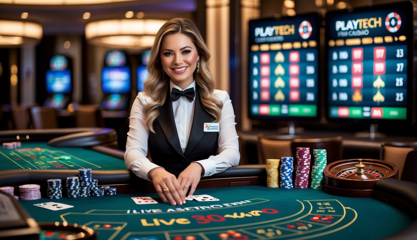 Seorang dealer profesional di meja kasino live dengan kartu dan chip di lingkungan kasino mewah.