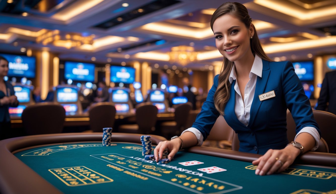 Seorang dealer profesional wanita sedang mengelola meja live casino Playtech dengan pemain yang memperhatikan permainan di latar belakang.