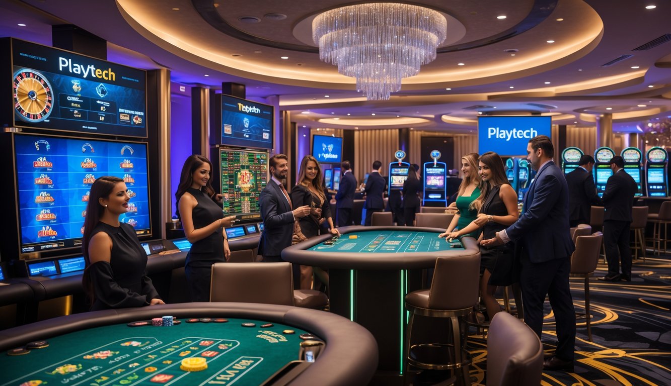 Suasana kasino langsung dengan pemain dan dealer yang sedang bermain di meja permainan elektronik.