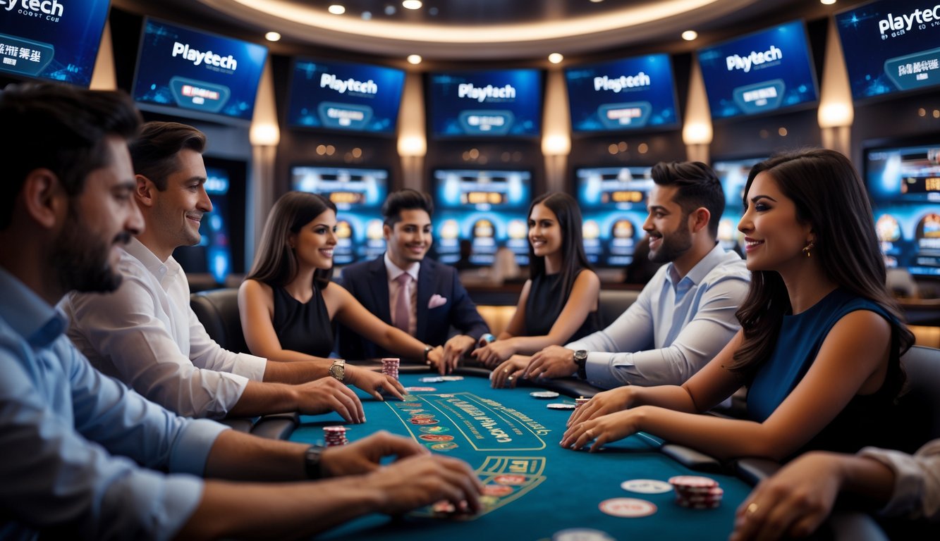 Sejumlah orang bermain permainan kasino langsung di meja permainan modern dengan layar digital di latar belakang.