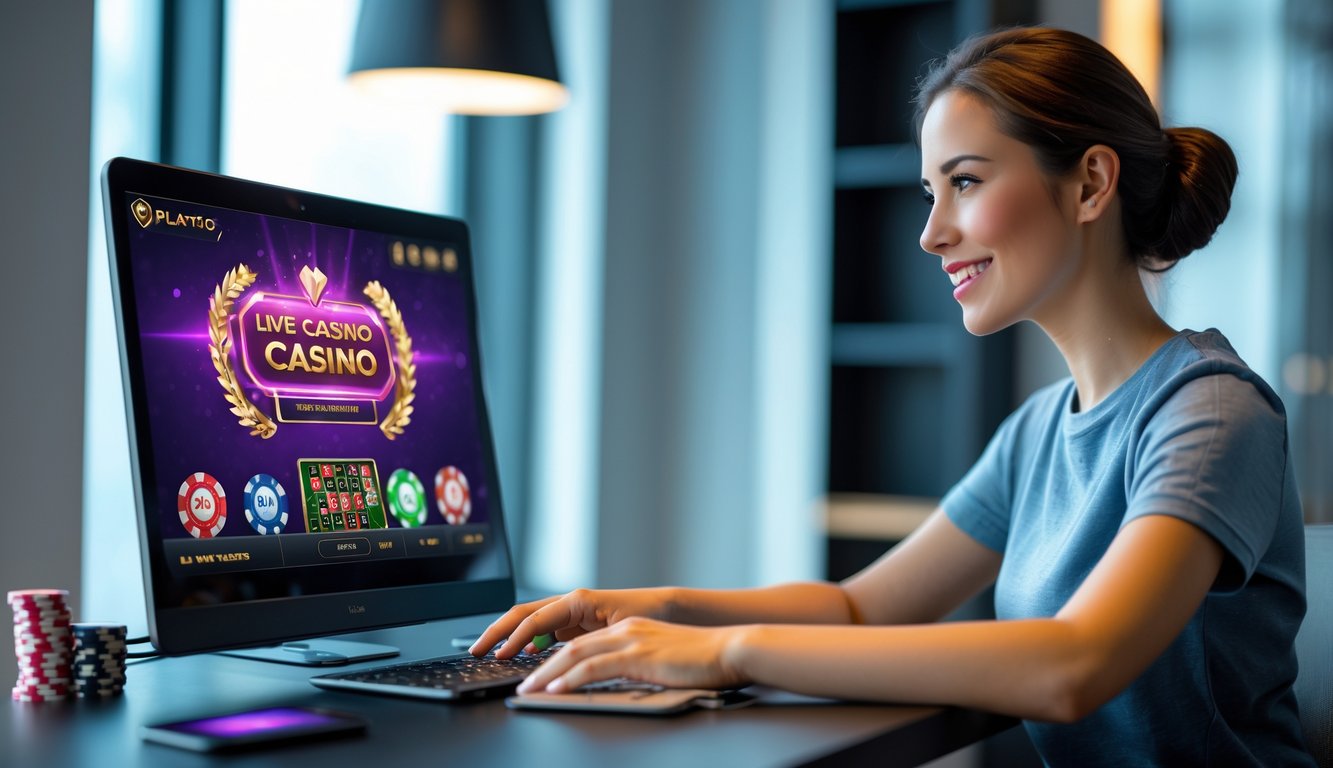 Seorang pemain muda duduk di meja dengan laptop yang menampilkan permainan kasino langsung, dikelilingi chip poker dan kartu remi.