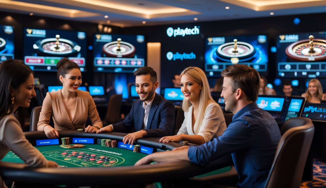Beberapa pemain sedang bermain permainan kasino langsung di depan layar komputer dalam suasana kasino online yang modern dan profesional.