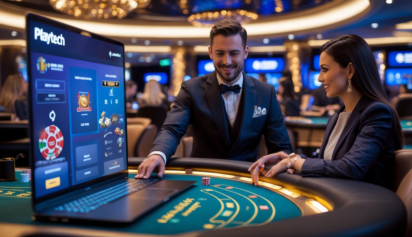 Seorang dealer profesional di meja kasino hidup dengan pemain yang menggunakan laptop dan ponsel pintar dalam suasana kasino mewah.