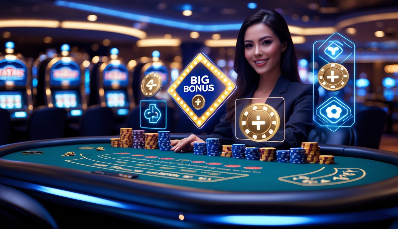 Suasana kasino langsung online dengan dealer kartu, chip, dan elemen digital yang menunjukkan promosi bonus besar.