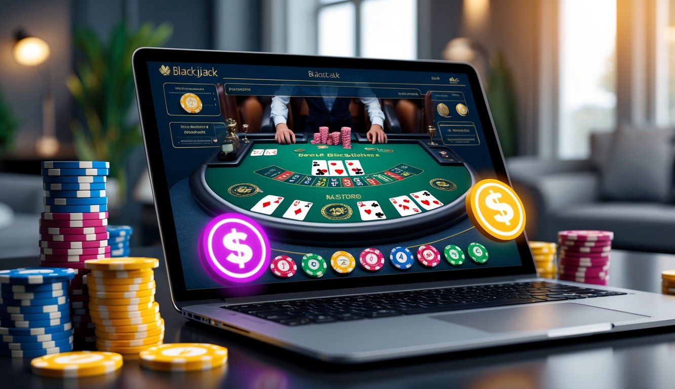 Sebuah laptop menampilkan permainan blackjack online dengan kartu dan chip poker di sekitarnya di dalam ruangan yang nyaman.