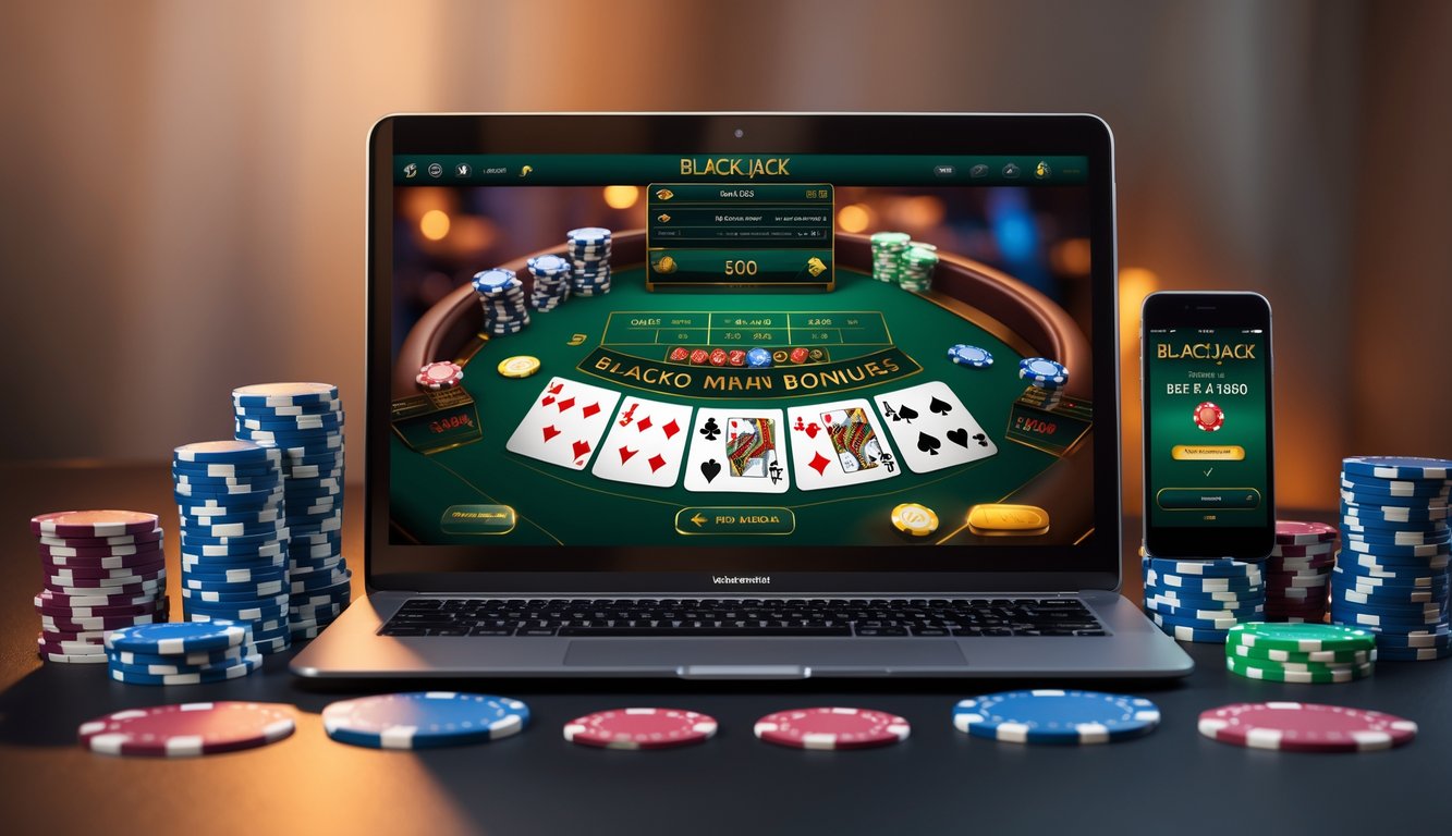 Setup permainan blackjack online dengan laptop, kartu remi, dan chip poker di atas meja.