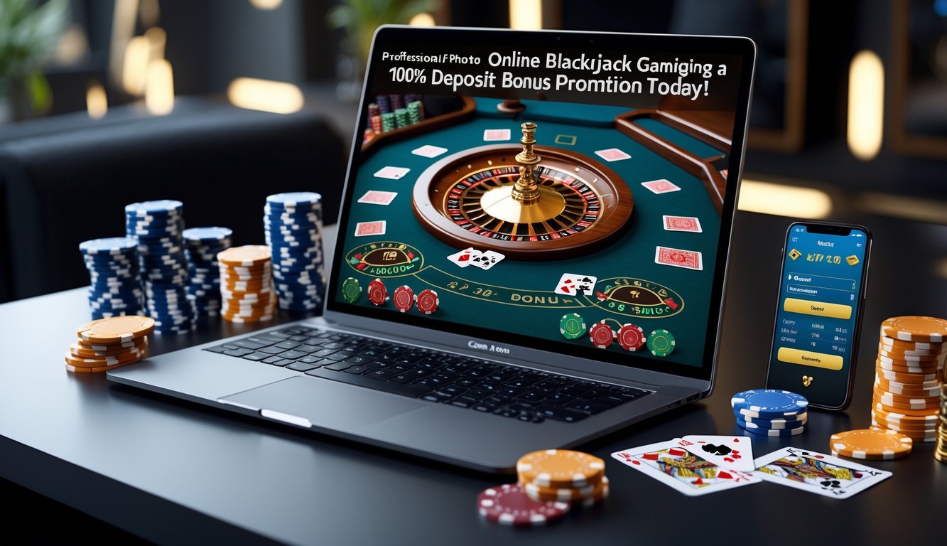 Sebuah meja blackjack online di layar komputer dengan kartu dan chip poker, menggambarkan suasana permainan judi blackjack online.