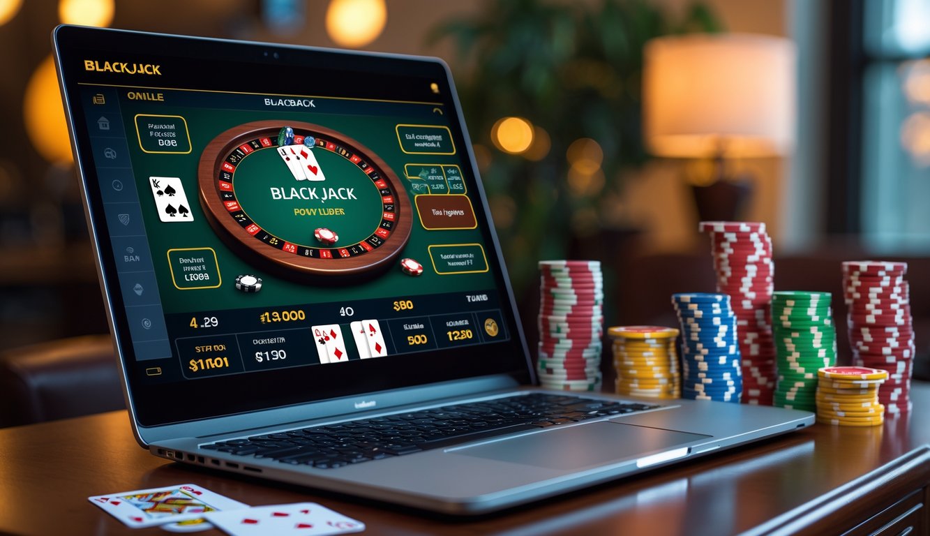 Seseorang sedang bermain blackjack online di depan komputer dengan kartu dan chip poker di meja.