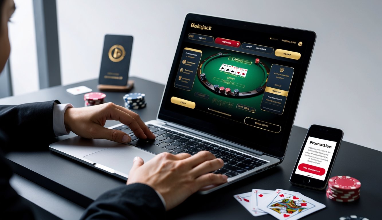 Seseorang menggunakan laptop dengan tampilan permainan blackjack online dan beberapa chip poker serta kartu di meja.