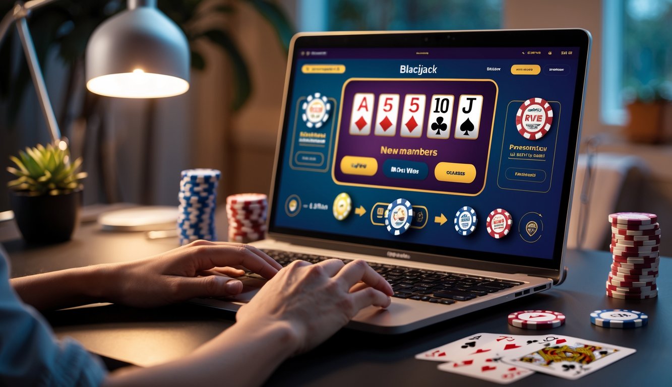 Seorang pengguna sedang menggunakan komputer dengan tampilan permainan blackjack online dan chip judi di meja, menunjukkan proses klaim promo untuk member baru.