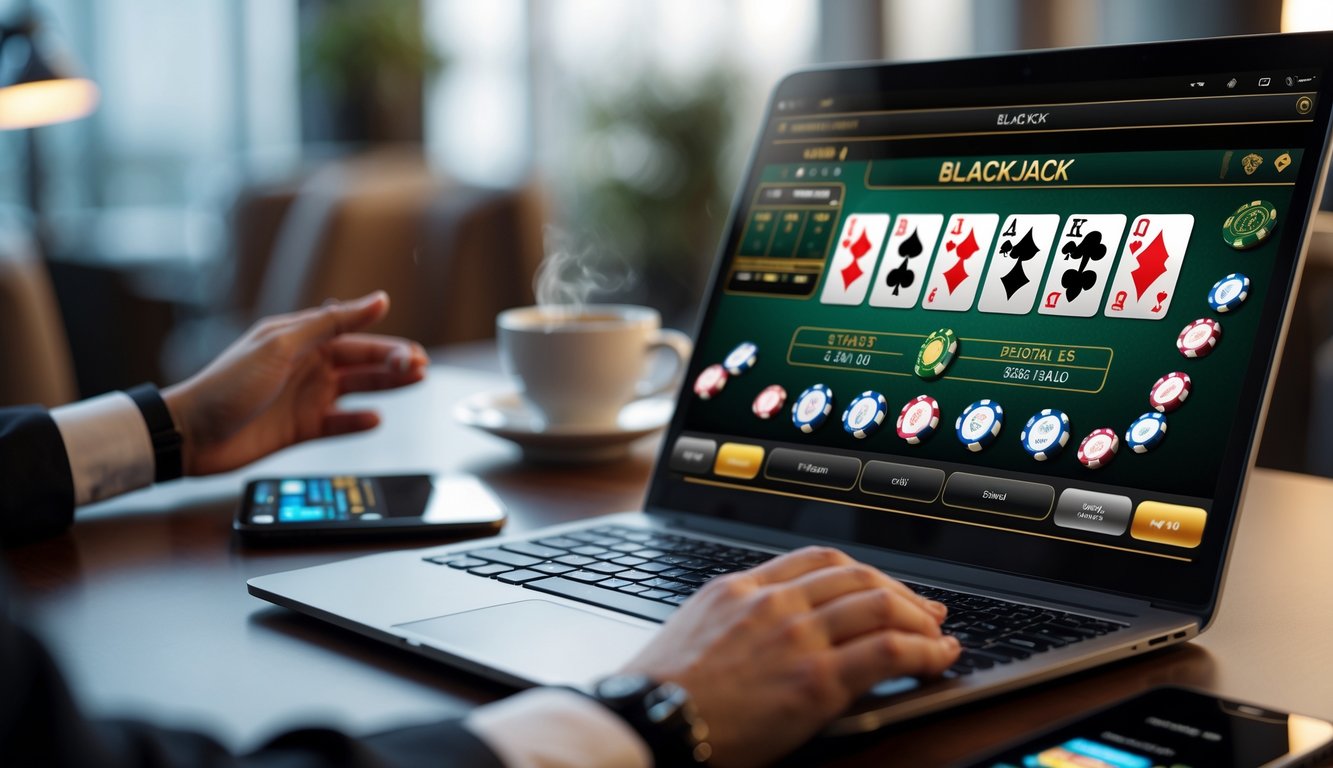 Seorang pengguna bermain blackjack online di laptop di meja kerja yang rapi dengan suasana nyaman dan pencahayaan lembut.