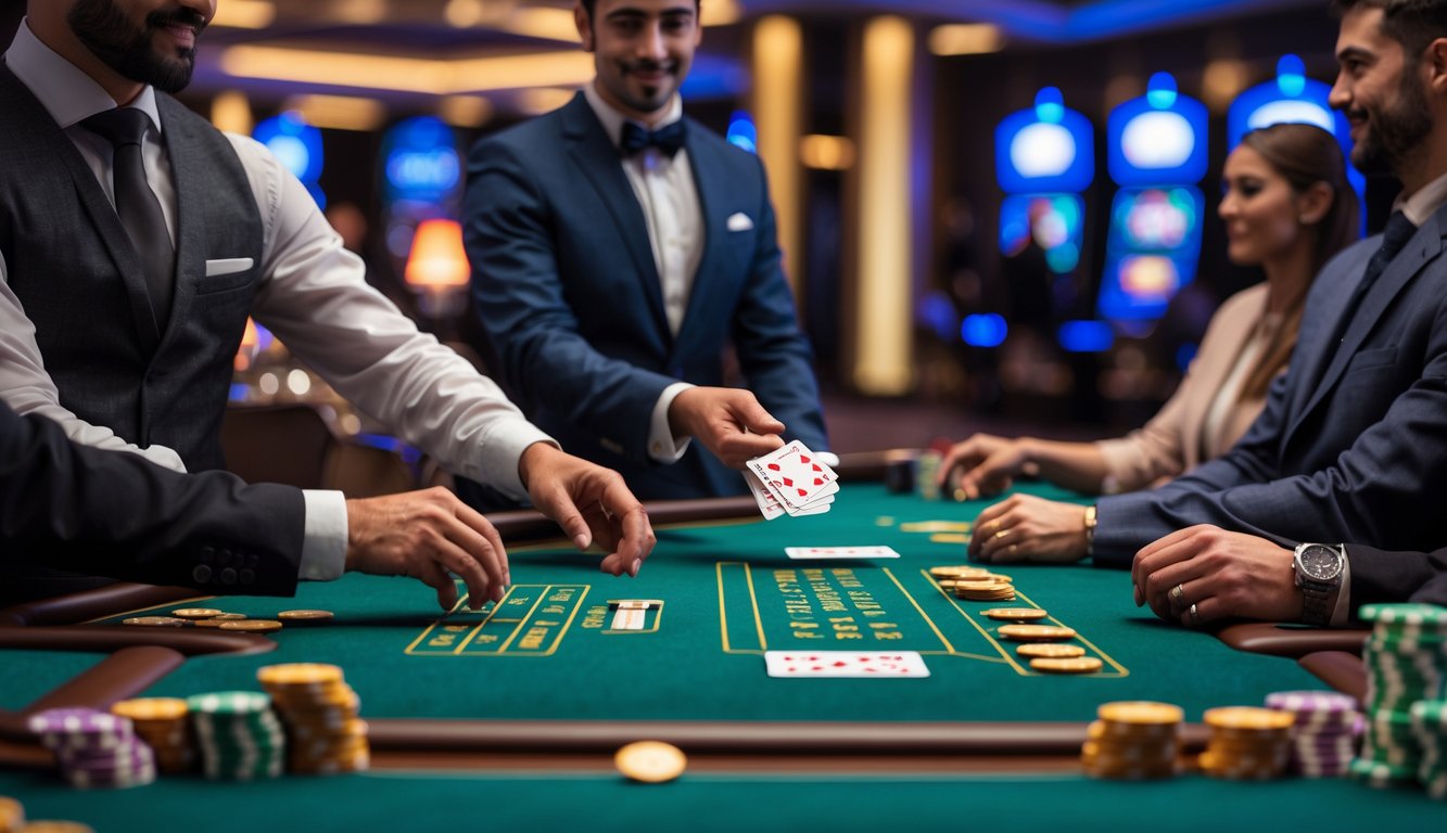 Meja blackjack di kasino dengan dealer dan pemain yang sedang bermain kartu.