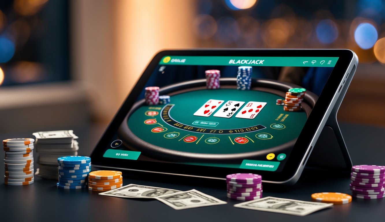 Sebuah meja blackjack digital ditampilkan di layar komputer dengan kartu dan chip poker, dikelilingi oleh tumpukan chip kecil dan uang kertas, menciptakan suasana permainan judi online yang menarik.