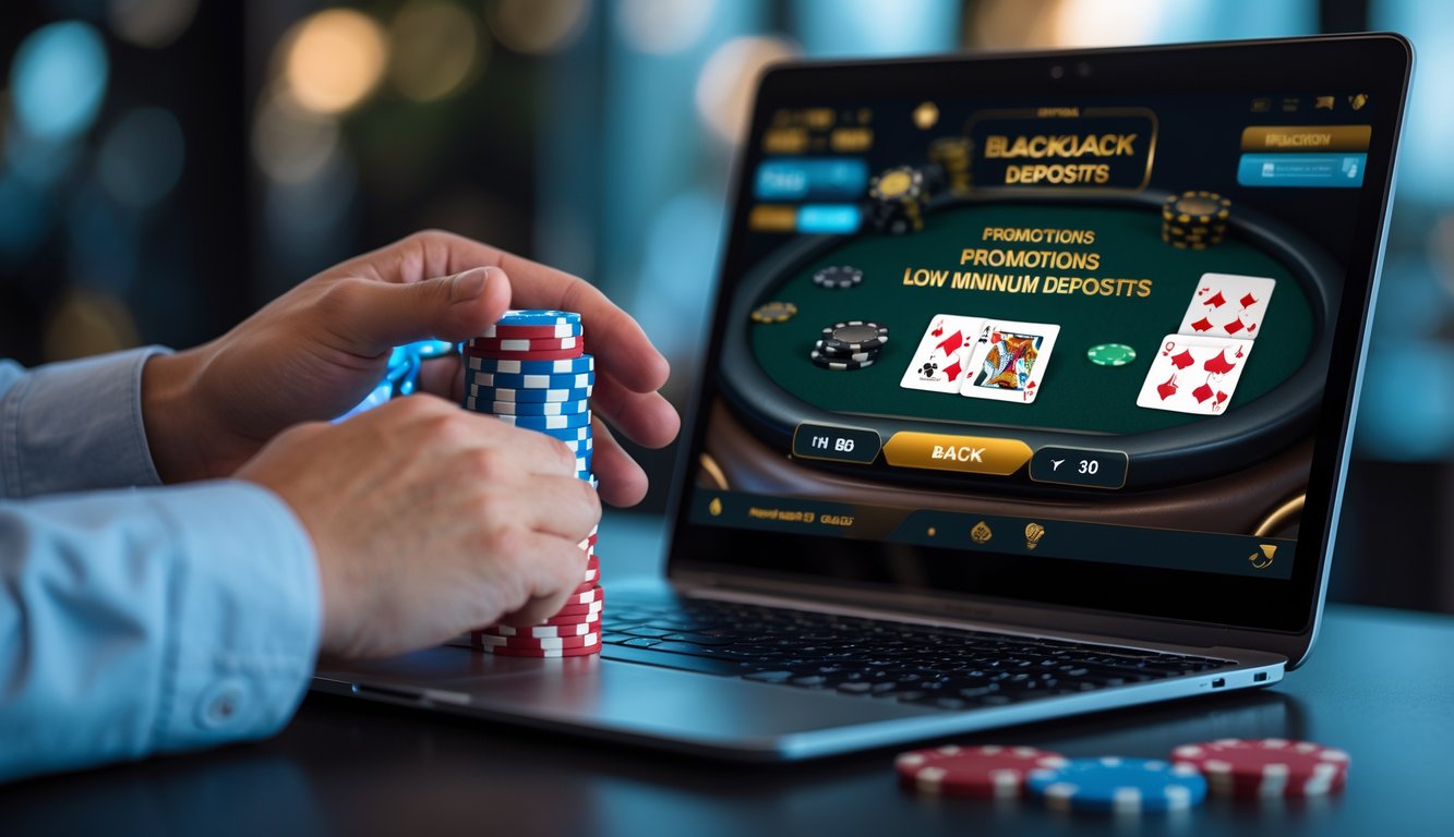 Seseorang bermain blackjack online menggunakan laptop dengan tumpukan chip di dekatnya.