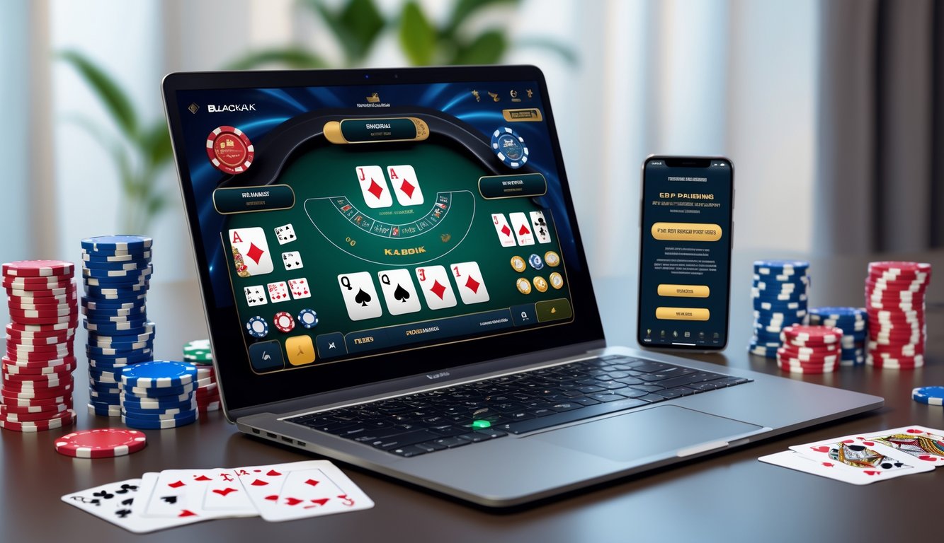 Sebuah laptop dengan permainan blackjack online terbuka, dikelilingi chip poker dan kartu remi, serta ponsel yang menunjukkan notifikasi promosi bonus untuk anggota baru.