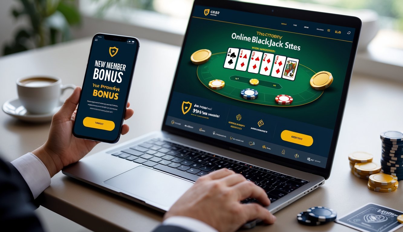 Seseorang menggunakan laptop dan smartphone untuk bermain blackjack online dengan suasana kerja yang rapi dan elemen permainan kartu di sekitar.