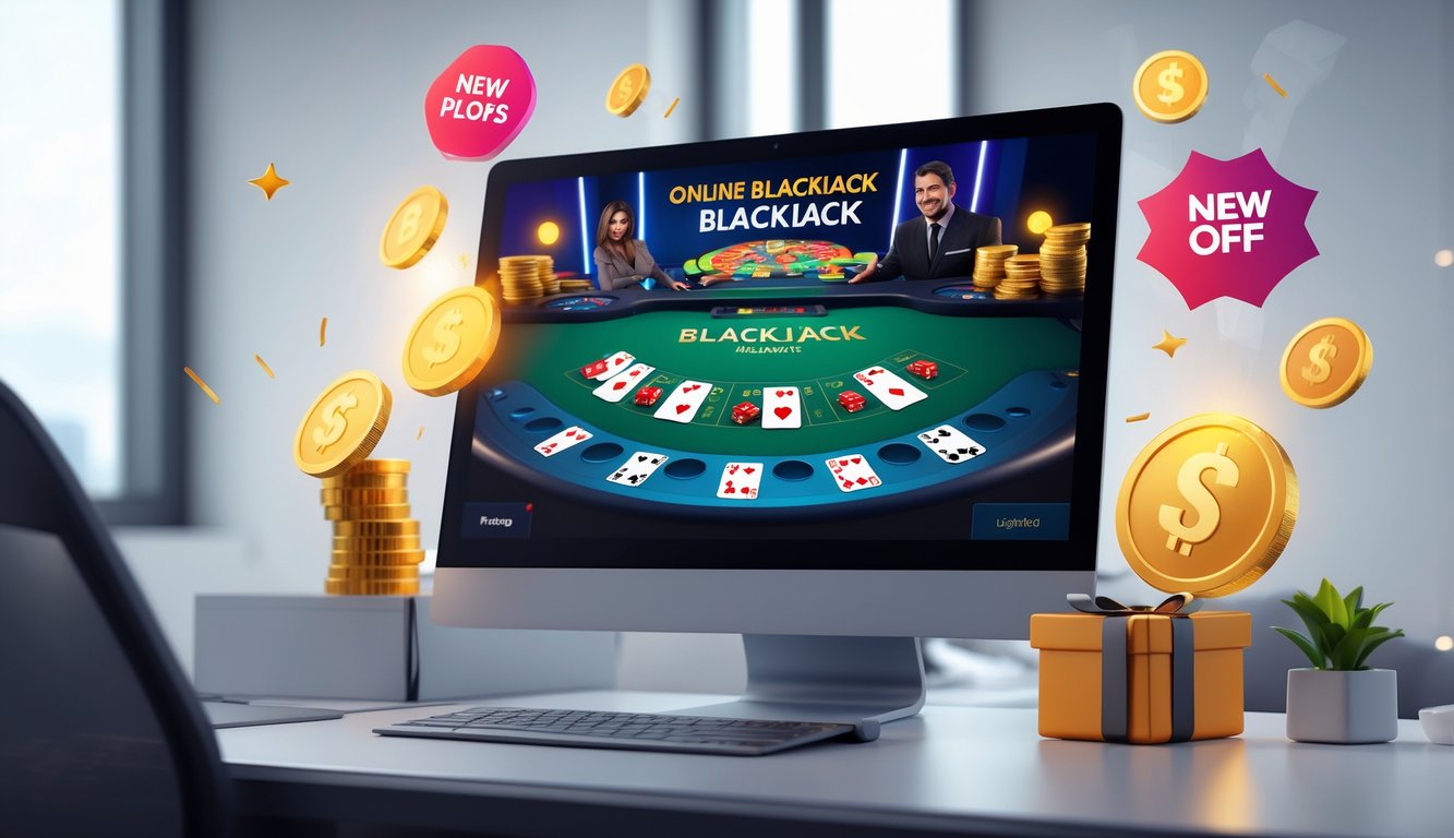 Seorang pemain duduk di depan komputer yang menampilkan permainan blackjack online dengan kartu dan chip, dikelilingi oleh simbol promosi seperti koin dan kotak hadiah.