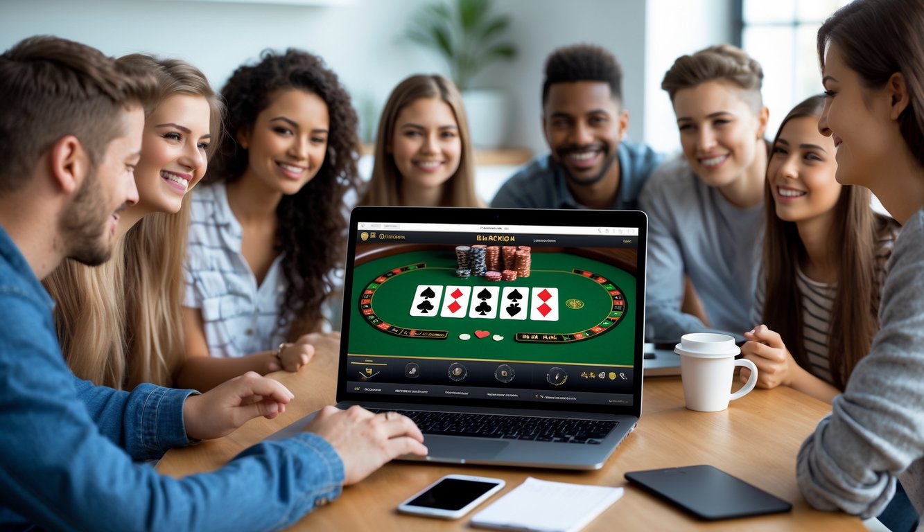 Beberapa orang muda berkumpul di sekitar laptop yang menampilkan permainan blackjack online dengan kartu dan chip, terlihat antusias dan fokus.