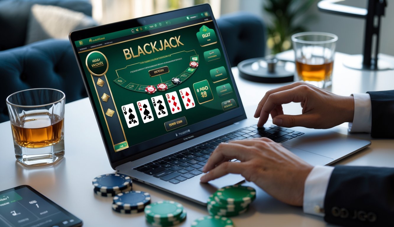 Seseorang sedang bermain blackjack online di laptop dengan chip dan kartu di meja yang rapi.
