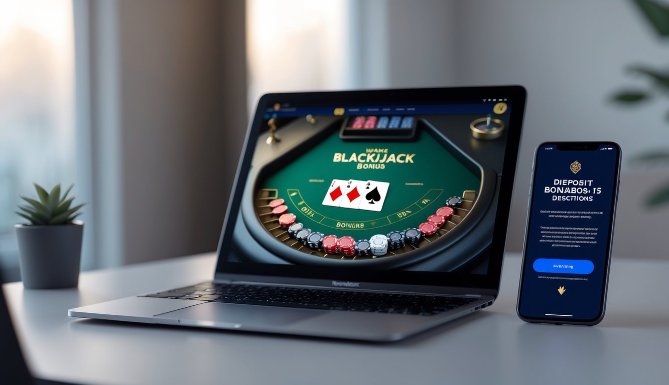 Sebuah laptop menampilkan permainan blackjack online dengan chip dan kartu, di meja kerja minimalis dengan ponsel yang menunjukkan notifikasi bonus.