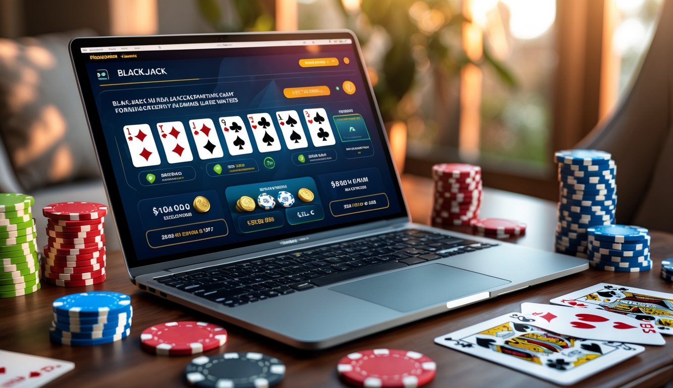 Seorang pemain menggunakan laptop dengan permainan blackjack online di layar, dikelilingi chip poker dan kartu remi di atas meja kayu, dalam suasana ruangan yang nyaman.
