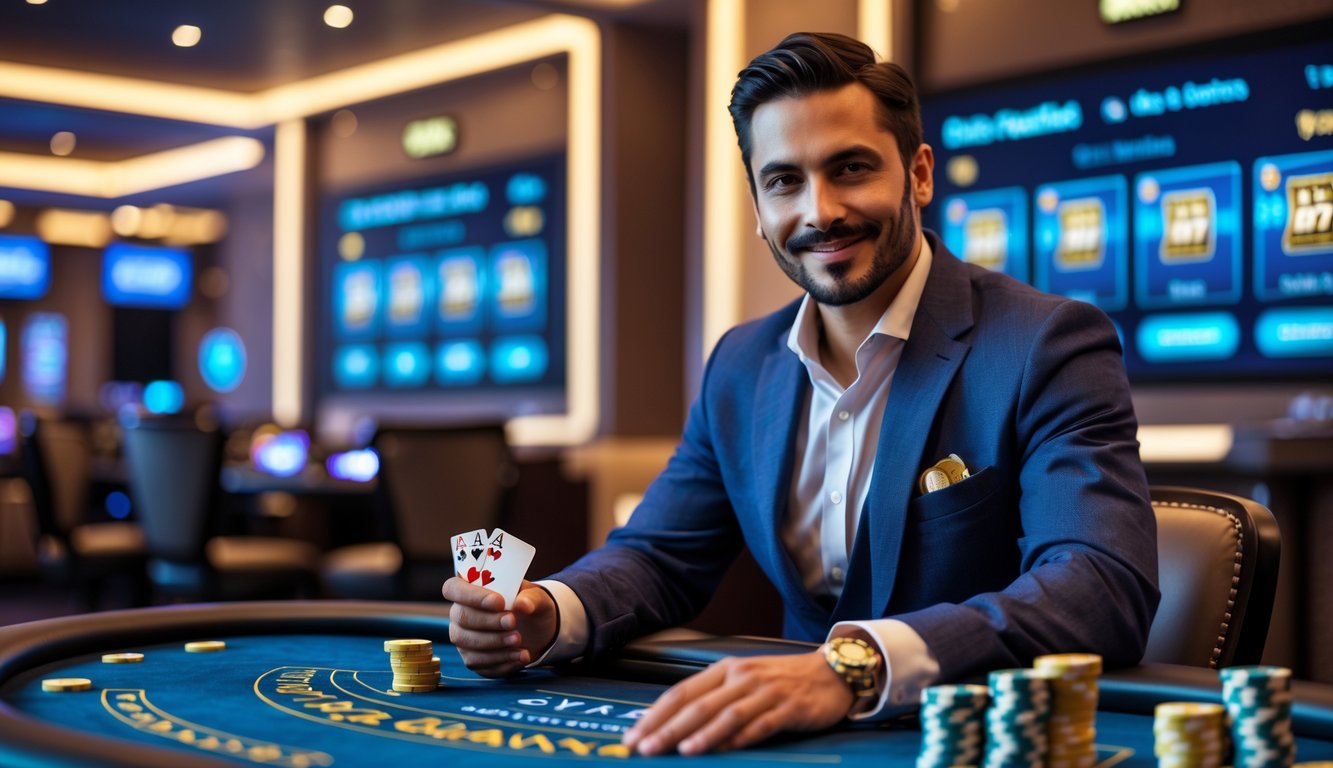 Seorang pria duduk di meja blackjack dengan kartu dan tumpukan chip, di latar belakang layar digital permainan blackjack di kasino online.