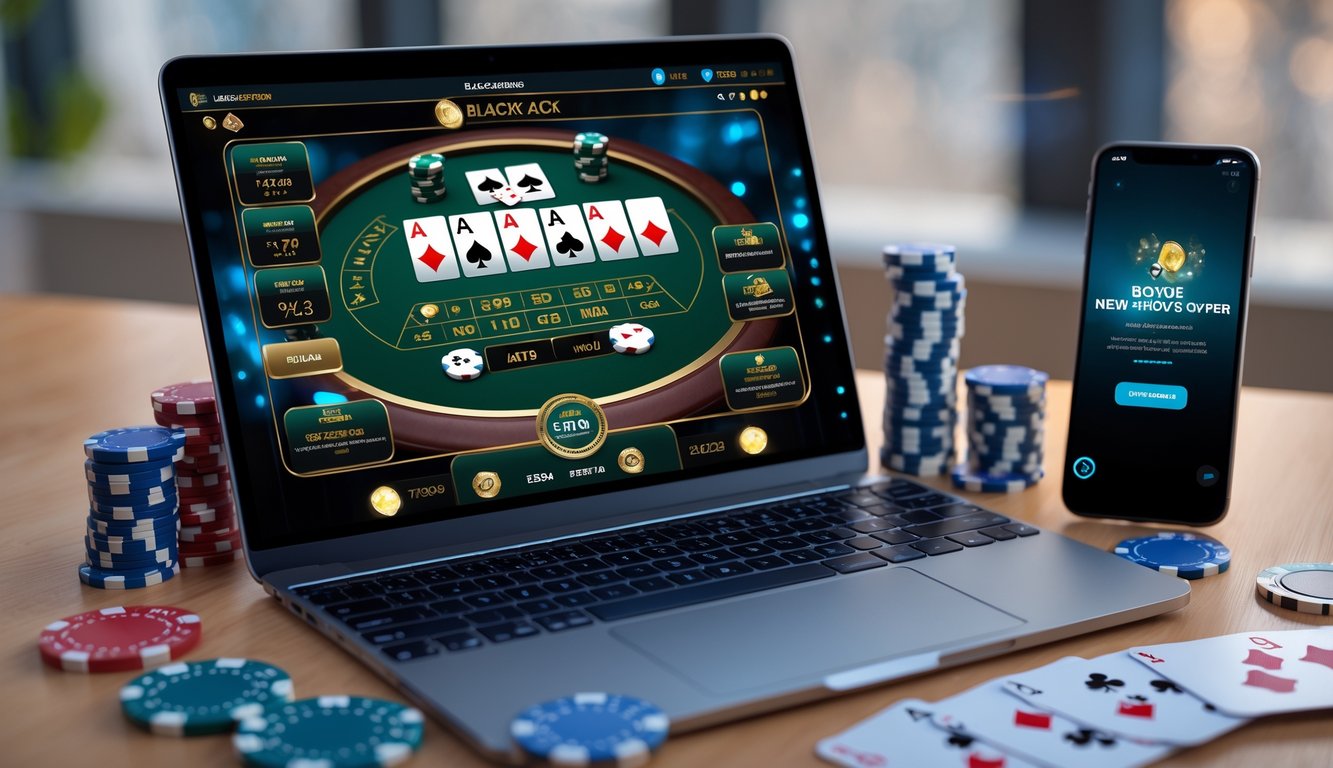 Sebuah laptop menampilkan permainan blackjack online dengan kartu dan chip poker di sekitarnya serta ponsel yang menampilkan promosi bonus.