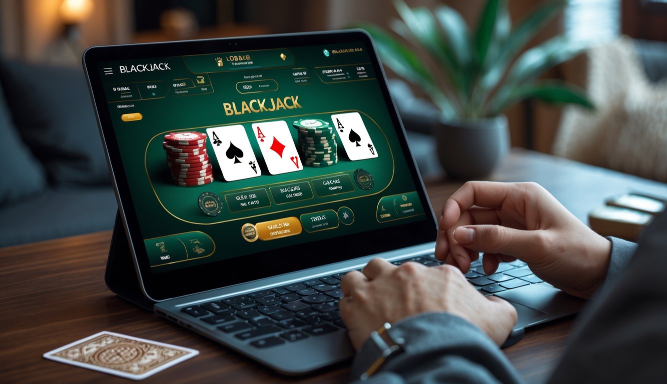 Seseorang bermain blackjack online menggunakan laptop di lingkungan rumah yang nyaman.