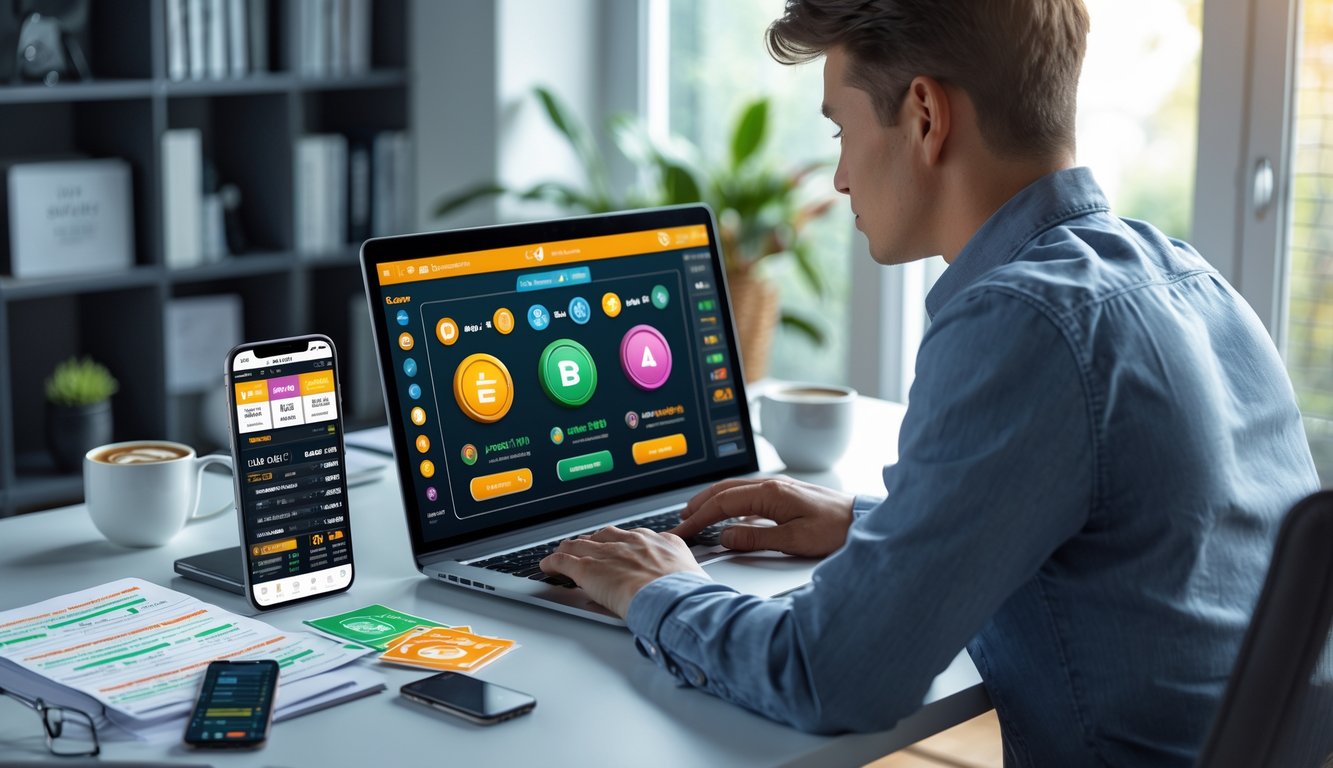 Seorang pemula sedang duduk di meja kerja dengan laptop yang menampilkan platform judi online, dikelilingi catatan dan ponsel, menunjukkan suasana belajar dan fokus.