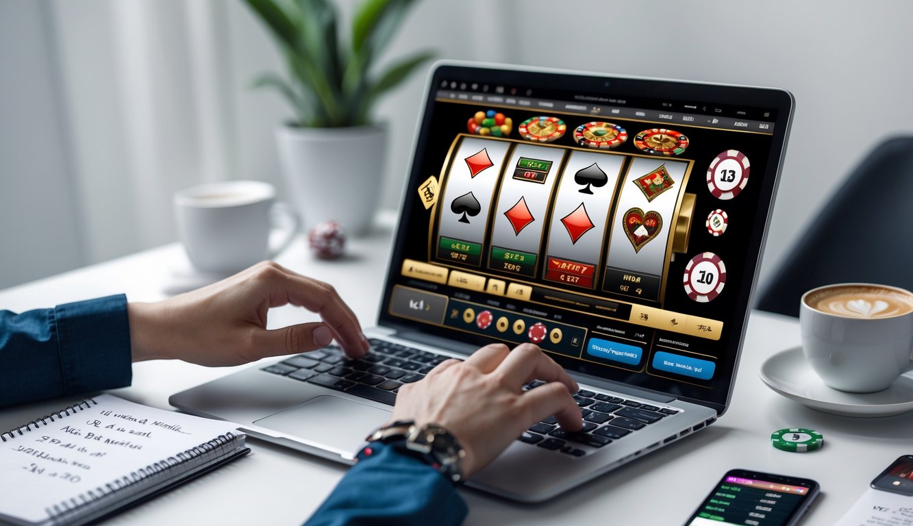 Seseorang menggunakan laptop dengan tampilan permainan judi online di meja kerja yang rapi, dilengkapi dengan buku catatan dan ponsel.