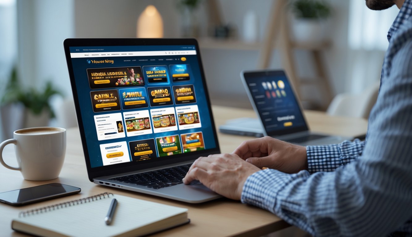 Seseorang sedang menggunakan laptop di ruang kerja rumah yang terang dan nyaman, fokus pada layar dengan beberapa tab terbuka, menunjukkan aktivitas memilih situs judi online yang aman dan terpercaya.