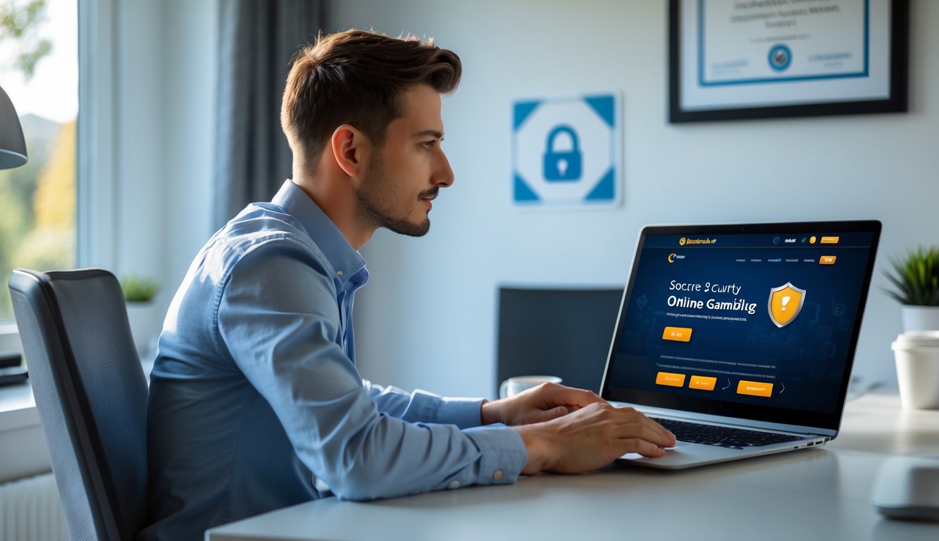 Seorang pria muda duduk di meja dengan laptop, fokus pada layar yang menunjukkan situs judi online yang aman, di ruangan yang rapi dan terang.