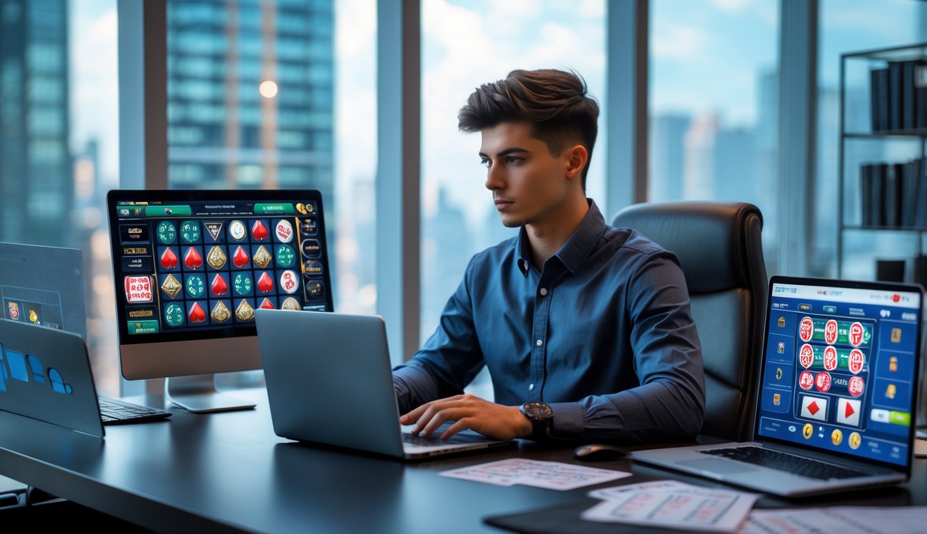 Seorang pria muda duduk di meja modern dengan beberapa perangkat digital menampilkan permainan judi online, tampak fokus menganalisis data dan strategi.