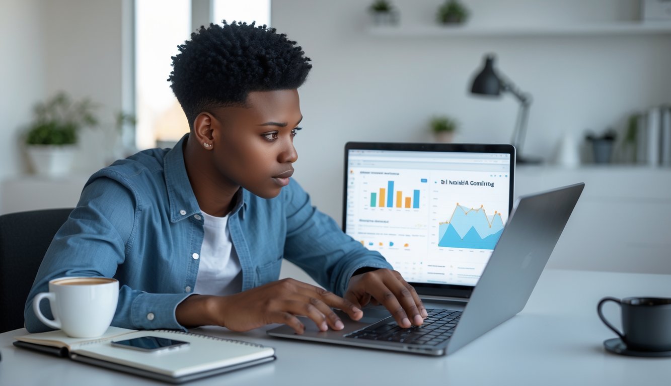 Seorang dewasa muda duduk di meja kerja dengan laptop, menganalisis data dan strategi judi online di lingkungan kantor rumah yang rapi.