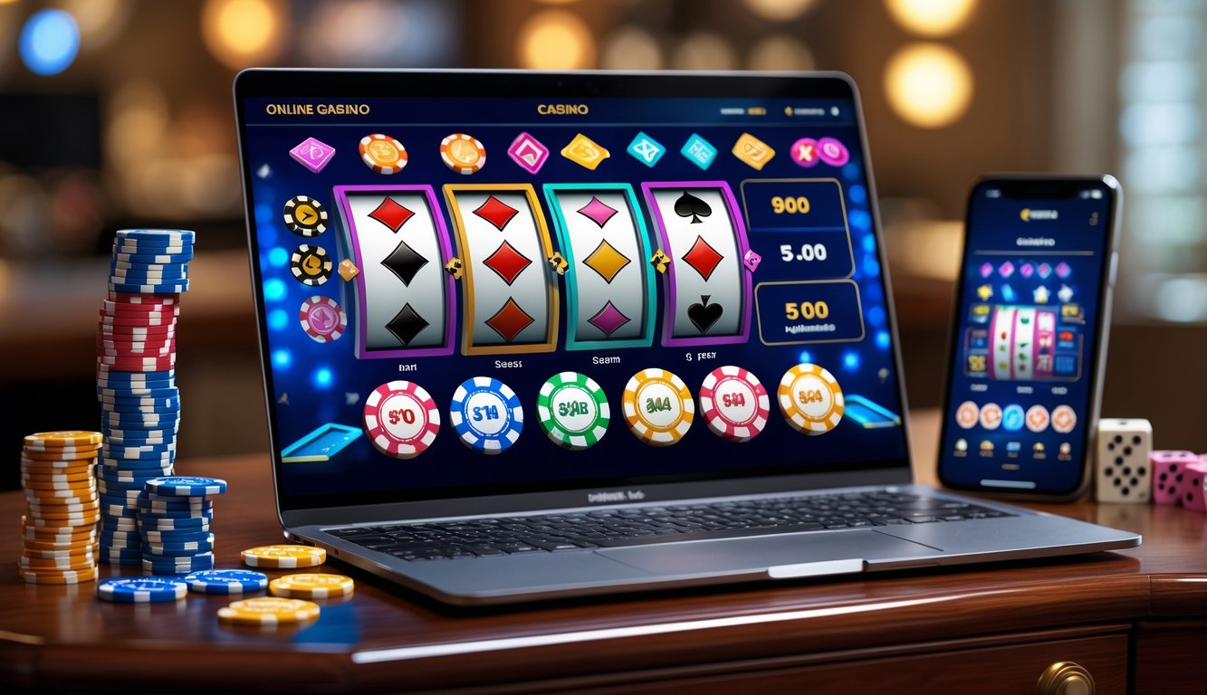 Seorang laptop di atas meja kayu dengan tampilan permainan judi online, dikelilingi oleh chip poker dan dadu.