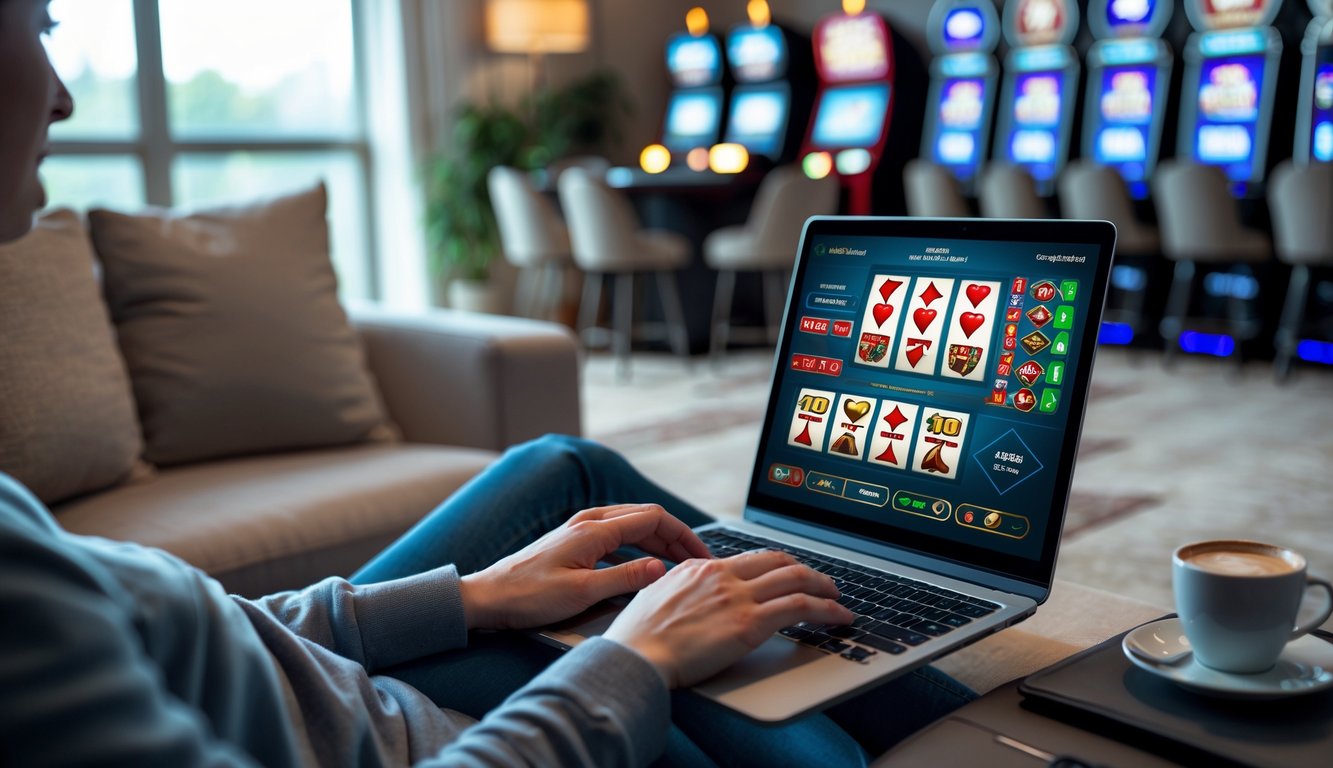 Seseorang duduk di sofa menggunakan laptop untuk bermain judi online di rumah dengan latar belakang suasana kasino tradisional yang kabur.