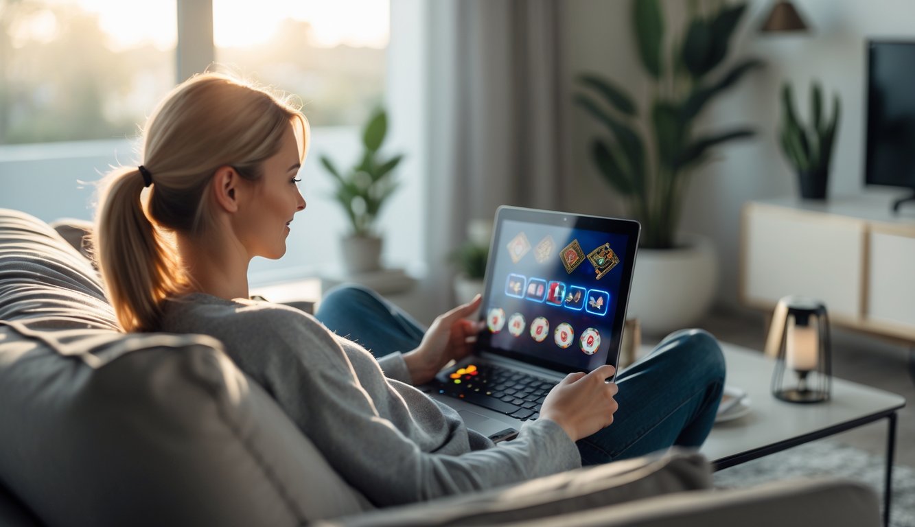 Seseorang duduk santai di sofa menggunakan laptop untuk bermain judi online di rumah yang nyaman.