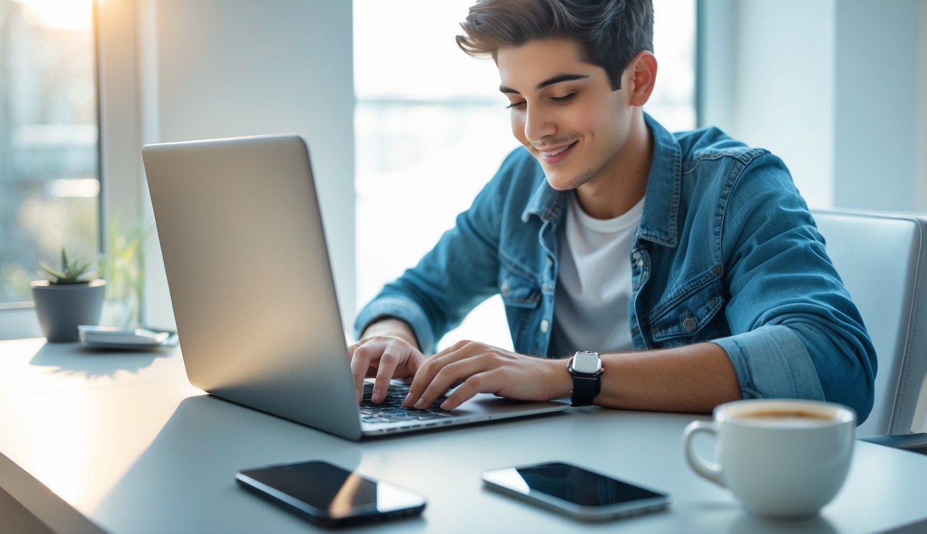 Seorang dewasa muda duduk di meja dengan laptop, terlihat fokus dan santai saat menggunakan komputer.