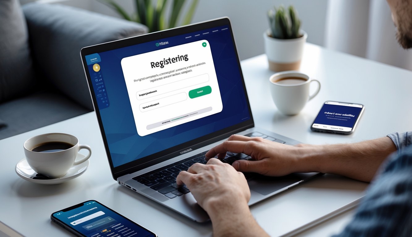 Seseorang sedang mendaftar di situs judi online menggunakan laptop di ruang kerja yang rapi dan nyaman.