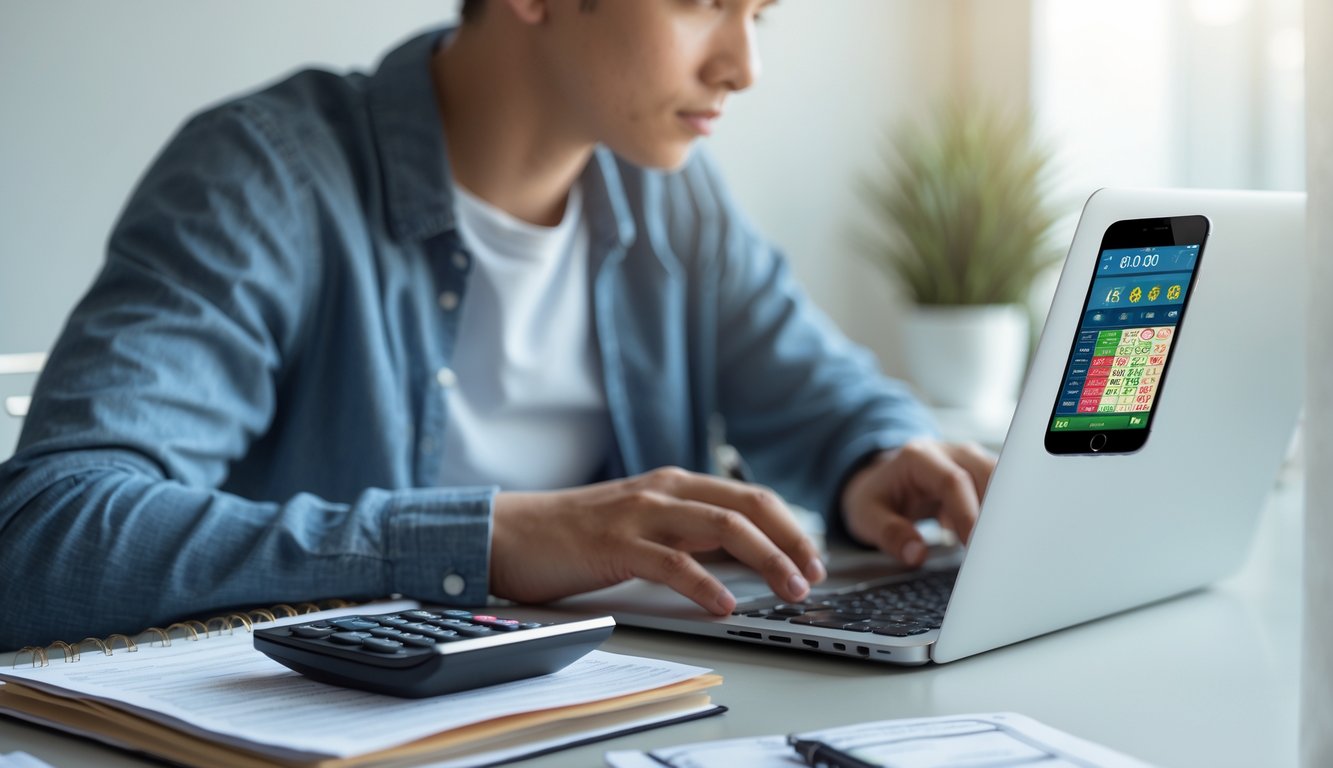 Seorang dewasa muda duduk di meja dengan laptop, kalkulator, dan catatan keuangan, fokus mengelola modal saat bermain judi online.