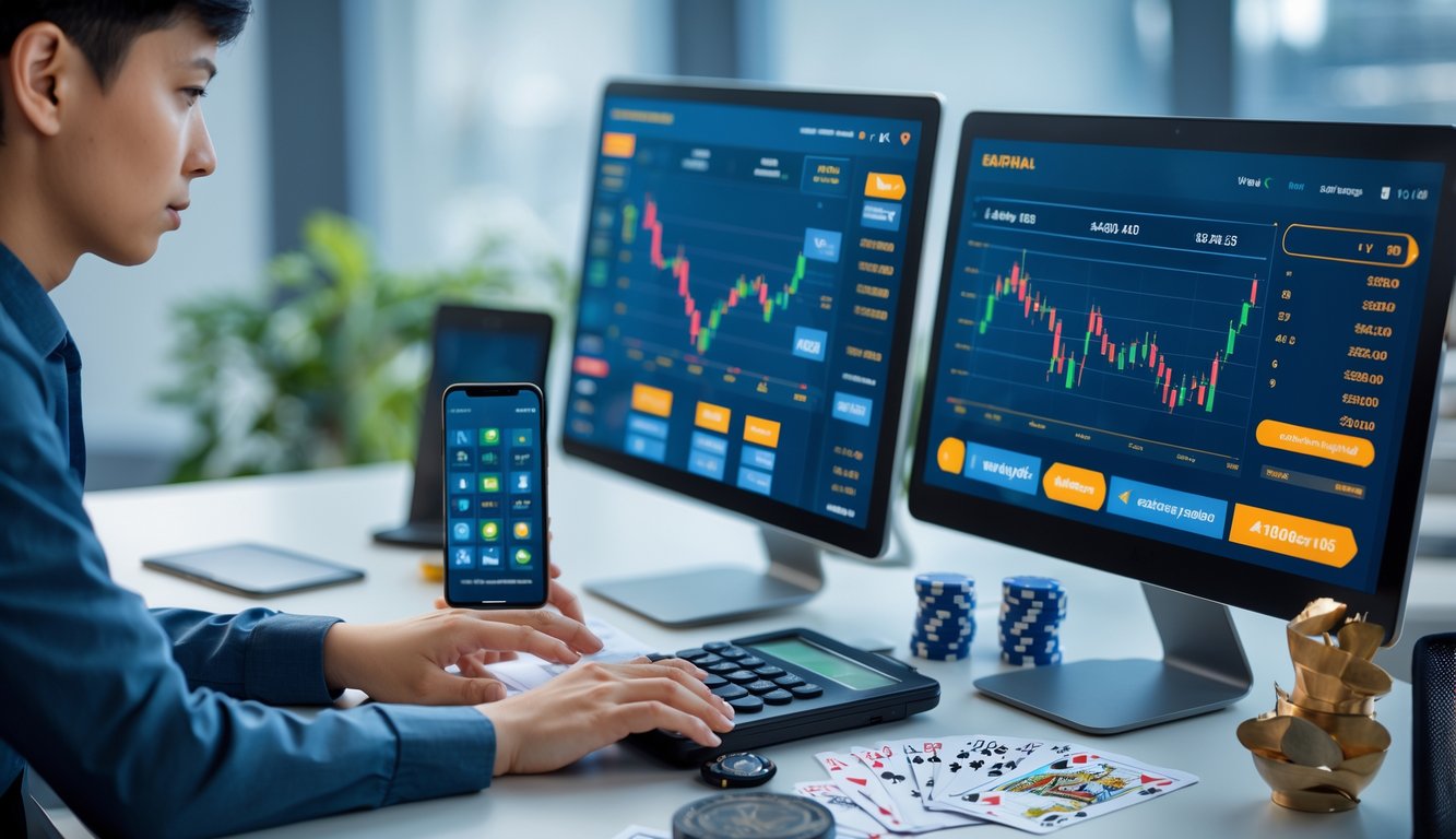 Seorang dewasa muda duduk di meja dengan laptop dan ponsel menampilkan permainan judi online, sedang menganalisis data keuangan dan menggunakan kalkulator serta buku catatan.
