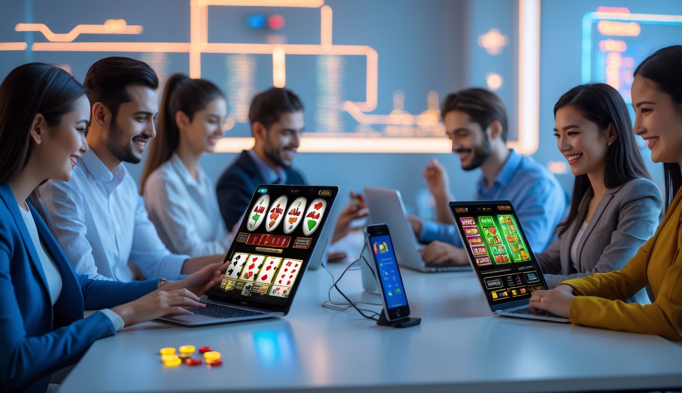 Sejumlah orang muda menggunakan perangkat digital untuk bermain berbagai permainan judi online di sebuah ruang kantor modern.