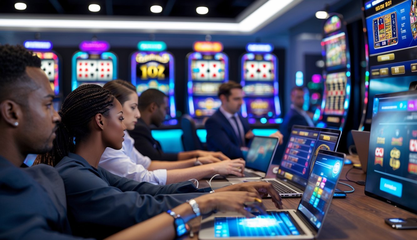 Orang-orang menggunakan laptop dan ponsel untuk bermain berbagai permainan judi online di lingkungan modern dan terang.