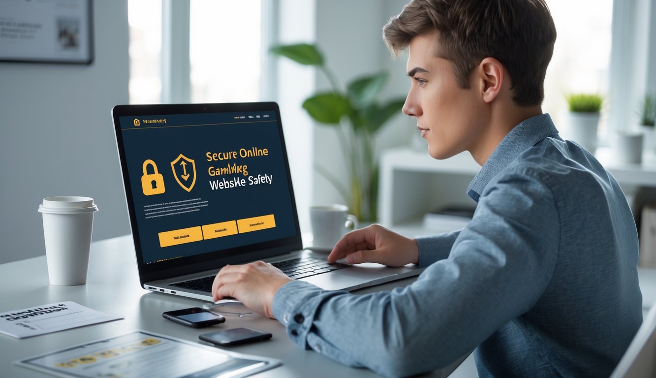 Seorang dewasa muda duduk di meja dengan laptop, fokus bermain judi online dengan suasana ruangan yang rapi dan terang.